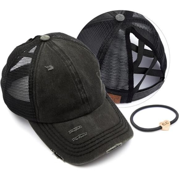 Ponycap Messy High Bun Ponytail Adjustable Glitter Mesh Trucker Baseball